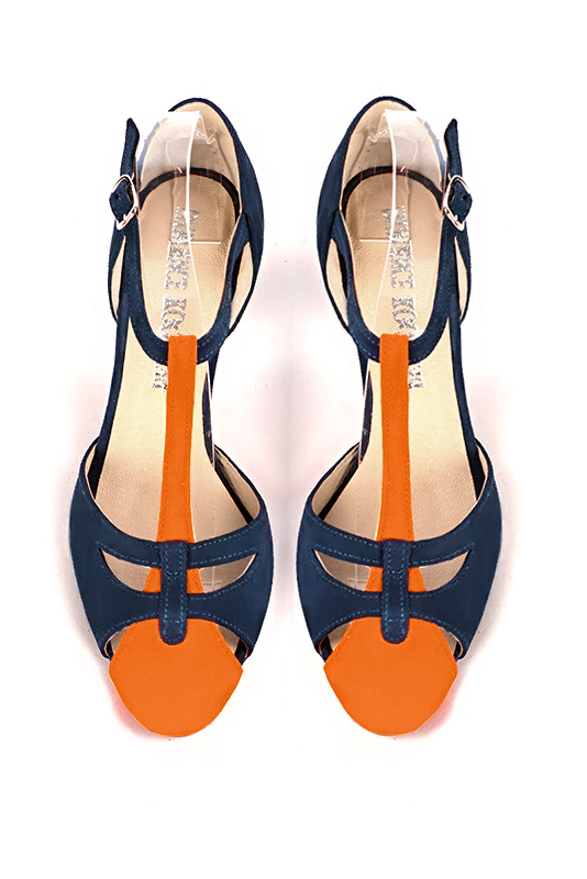 Clementine orange and navy blue women's T-strap open side shoes. Round toe. High kitten heels. Top view - Florence KOOIJMAN
